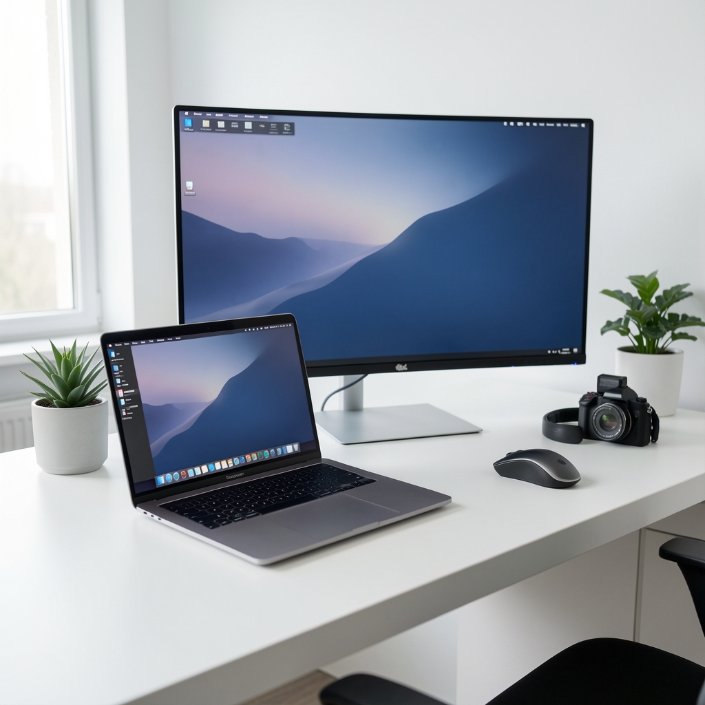 Spațiu de lucru digital modern cu laptop ultrabook deschis, monitor ultrawide și accesorii profesionale pe birou minimalist alb